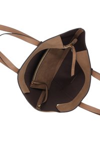 Brown suede tote bag with leather accents, featuring a spacious interior, a zippered pocket, and an open design. Strap in matching color.