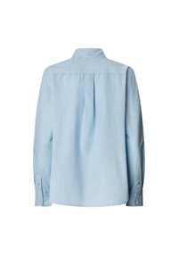 Camicia azzurro chiaro con maniche lunghe, tessuto morbido, dettaglio di piega sul retro, polsini con un bottone e design del colletto classico.