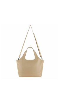 Borsa tote in pelle beige con ampia apertura sulla parte superiore, dotata di manico a giorno e tracolla removibile e regolabile. Texture liscia, design minimale.