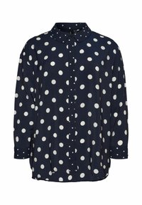 Chemise boutonnée bleu marine à pois blancs, avec col, manches longues et coupe décontractée. Fabriquée en tissu léger et doux.