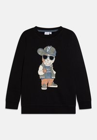 Felpa nera con una grafica di un cane che indossa un berretto grigio e occhiali da sole, con illustrazioni dettagliate sulla parte frontale.