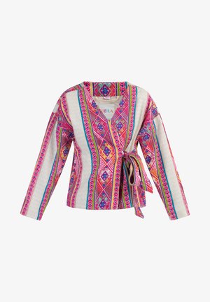 Multifarvet omslagsbluse med lange ærmer, prydet med et geometrisk mønster i pink, blå og hvid, samt en bindebåndslukning i taljen.