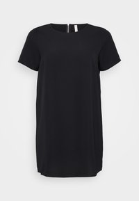Robe noire à manches courtes avec un col rond et une fermeture éclair dissimulée au dos. Fabriquée en tissu lisse, elle a une coupe droite et une longueur au genou.