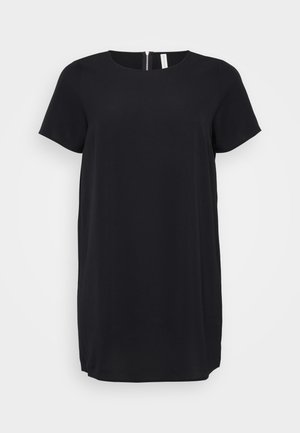 Black short-sleeve dress with a round neckline and a hidden back zipper. Made of smooth fabric with a straight cut and knee-length hem.