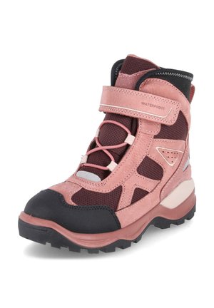 Roze en bordeaux waterdichte wandelschoen met zwarte teenkap, stevige zool, klittenbandsluiting en elastische veters, ontworpen voor buitenshuis gebruik.