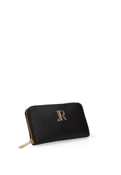 Portefeuille zippé en cuir texturé noir avec une fermeture éclair dorée et un logo "JR" en relief doré sur le devant.
