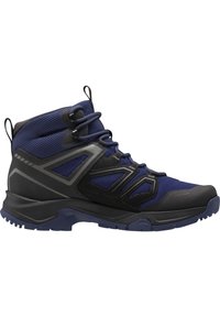 Bota de senderismo en azul marino y negro con parte superior de malla y sintético, suela de goma, tobillo acolchado y diseño con cordones que incluye acentos reflectantes.