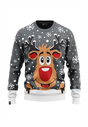 Gray sweater featuring a large reindeer face with antlers, red nose, and eyes, decorated with white snowflakes and dots, ribbed cuffs and hem.