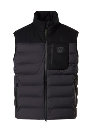 Veste noire matelassée avec un col montant, une fermeture éclair à l'avant, et un matelassage horizontal. Comprend une poche poitrine et deux poches latérales zippées.