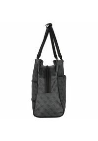 Borsa tote a motivo grigio con due manici neri, una zip centrale e tasche laterali esterne, vista di lato.