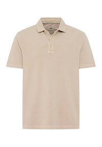 Beige polo shirt van katoen. Voorzien van een klassieke kraag, een twee-knopen sluiting en korte mouwen. Gladde textuur, minimalistisch ontwerp.