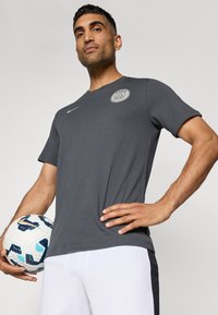 T-shirt grigio da uomo Nike con maniche corte, caratterizzato da un colletto rotondo e dal logo di Parigi sul petto, abbinato a pantaloni corti bianchi e con un pallone da calcio in mano.