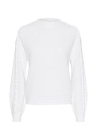 Gebreide witte trui met een geribbelde textuur, een ronde hals en ballonmouwen met een verticale ruchesdetail langs de zijkanten.