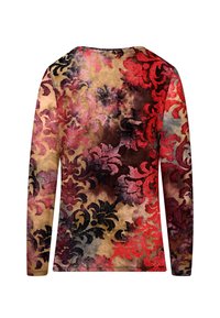 Langärmliges Oberteil mit einem Blumenmuster in Rot, Schwarz und Lila auf einem beigen Hintergrund; weiche Textur mit samtigem Finish.