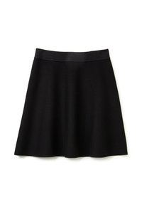 Schwarzer ausgestellter Rock mit glattem Bund. Hergestellt aus einem strukturierten Stoff, der eine klassische Silhouette aufweist und knapp über dem Knie endet.