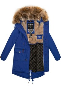 Blå parka-jacka med en huva av konstgjord päls, kviltad svart foder, framficka med lappar och dragsko i midjan. Har varumärkestaggar inuti.