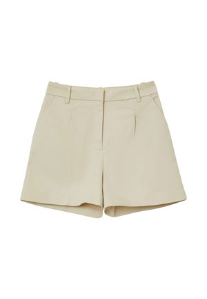 Pantaloni corti beige realizzati in tessuto misto cotone, con un design su misura, due tasche anteriori e una parte anteriore piatta con pieghe sottili.