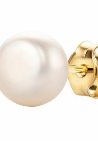 Orecchino a stud in oro con una grande perla bianca rotonda e liscia. La perla presenta una superficie luminosa e un retro sicuro.
