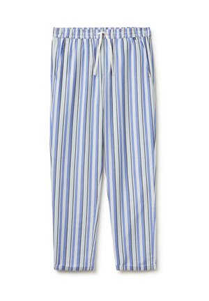 Leichte Kordelzughose mit vertikalen blauen, weißen und grauen Streifen, elastischem Bund und Seitentaschen.
