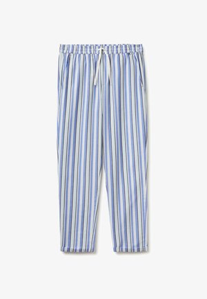 Lightweight drawstring pants with vertical blue, white, and gray stripes, elastic waistband, and side pockets.