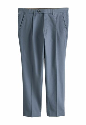 Herren-Hellblaue Anzughose mit vorderen Bügelfalten, seitlichen Taschen, Gürtelschlaufen und Knopfverschluss.