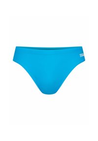 Niebieskie kąpielówki wykonane z gładkiego materiału, o niskim stanie i minimalistycznym wzornictwie. Zawierają detal z logo po boku.