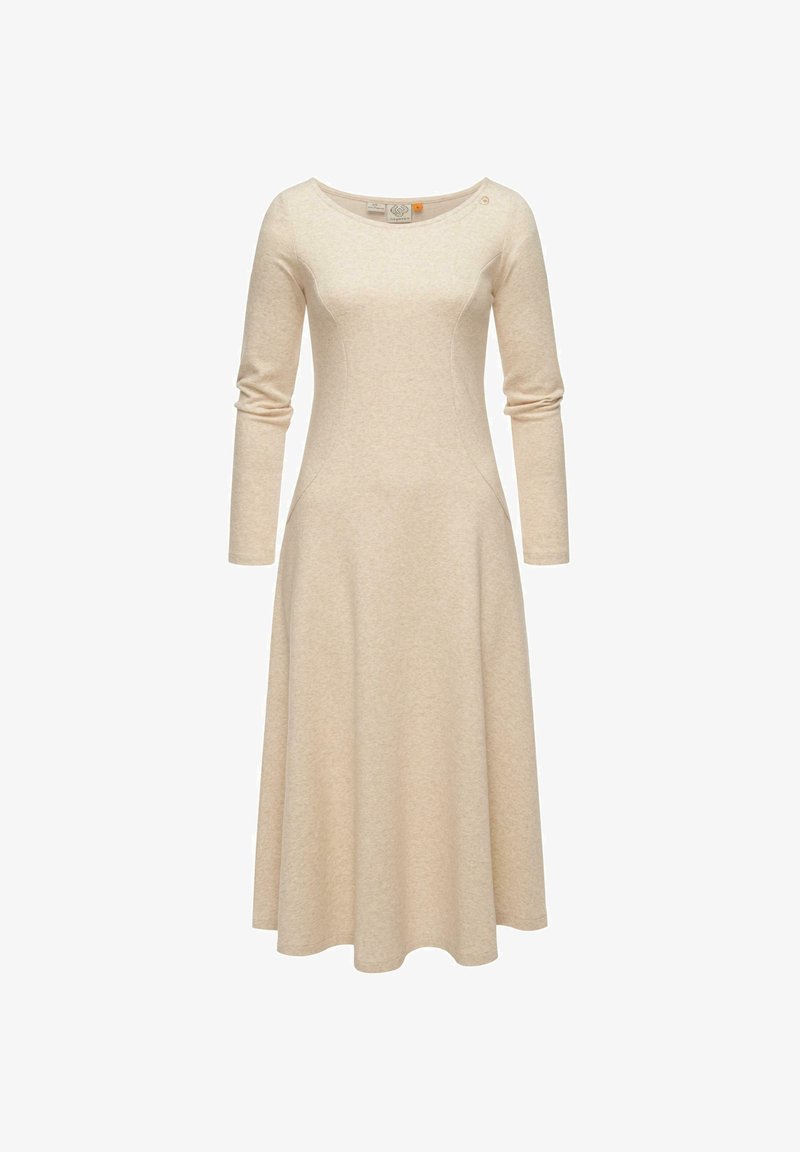 Sukienka z długim rękawem w kształcie litery A, wykonana z jasnobrązowego dzianiny. Posiada okrągły dekolt z detalem w postaci guzika z boku oraz rozkloszowaną spódnicę.