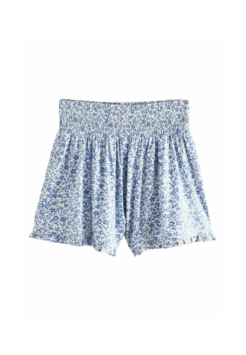 Shorts légers et amples avec ceinture élastique, tissu blanc à petit motif floral bleu.