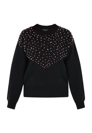 Pull noir en tissu doux, avec un col rond et des manches longues, orné de décorations en perles colorées sur la poitrine.