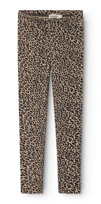 Legginsy w wzór panterki w beżowo-czarnym kolorze, wykonane z miękkiego materiału, z elastycznym pasem dla wygody.