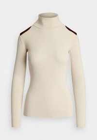 FAUX LEATHER-TRIM RIB KNIT ROLL NECK - Jumper - mascarpone cream