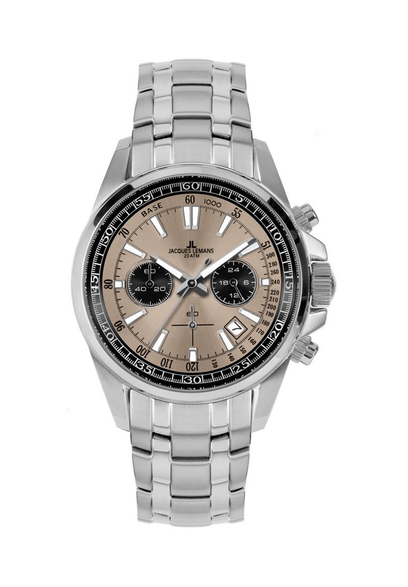 Orologio cronografo in acciaio inox argentato con quadrante beige, sub-quadranti neri e dettagli argentati. Presenta un bracciale in metallo e una scala tachimetrica.
