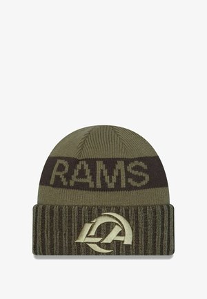 Knit beanie in olive green and dark brown with a fold-over cuff. Features "RAMS" in bold letters and a logo embroidered in light beige.