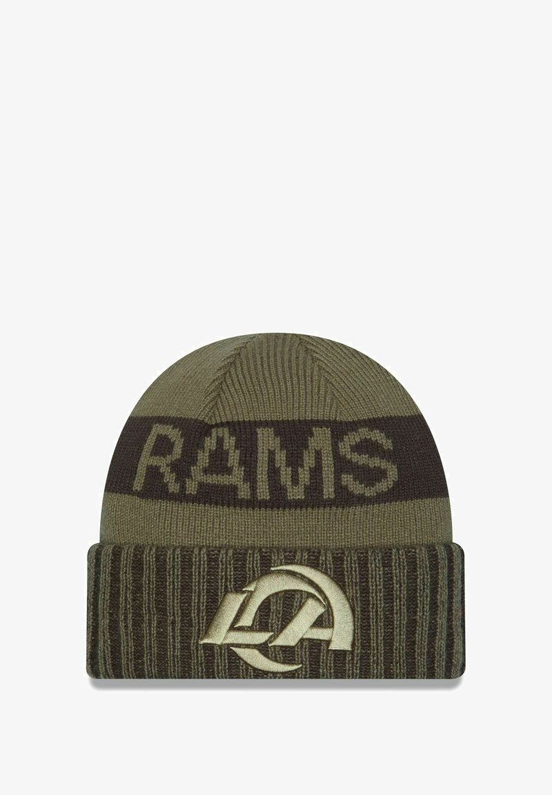 Knit beanie in olive green and dark brown with a fold-over cuff. Features "RAMS" in bold letters and a logo embroidered in light beige.