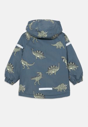 Children's blue hooded jacket with dinosaur patterns and reflective strips on sleeves and lower back.