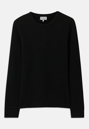 Black long-sleeve ribbed knit shirt with crew neck, labeled Paul & Joe Paris, size medium, displayed on a white background.