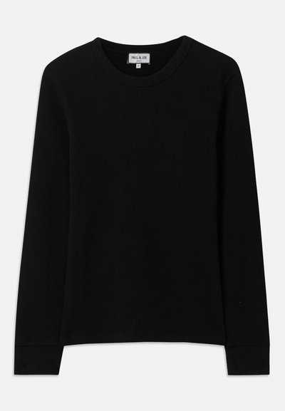 Schwarzes Langarm-Shirt aus geripptem Strick mit Rundhalsausschnitt, Etikett Paul & Joe Paris, Größe M, auf einem weißen Hintergrund dargestellt.