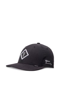 Black cap with a flat brim, featuring a textured fabric, a diamond patch with white lettering, and an embroidered logo on the side.