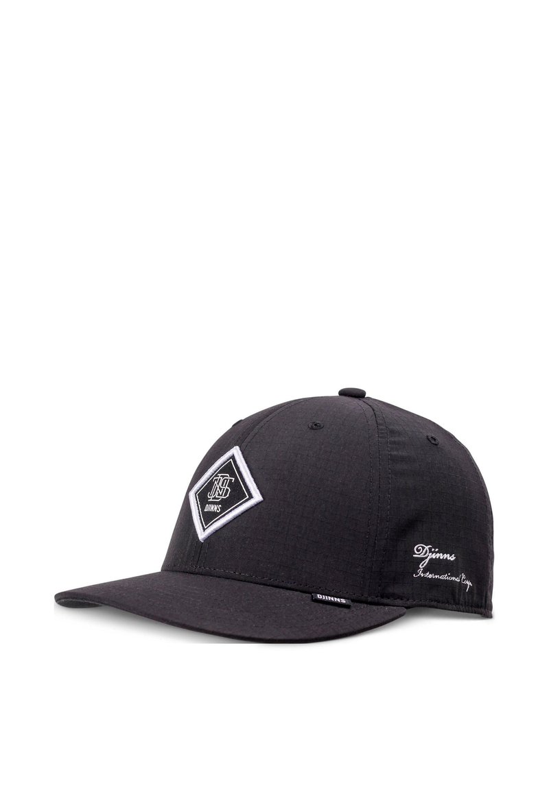 Black cap with a flat brim, featuring a textured fabric, a diamond patch with white lettering, and an embroidered logo on the side.