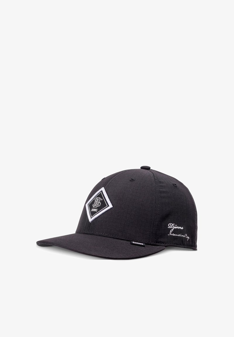 Black cap with a flat brim, featuring a textured fabric, a diamond patch with white lettering, and an embroidered logo on the side.