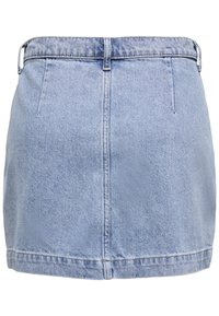 Denim mini skirt in light blue. Features a high waist, two front pockets, and belt loops. Smooth texture with visible stitching detail.