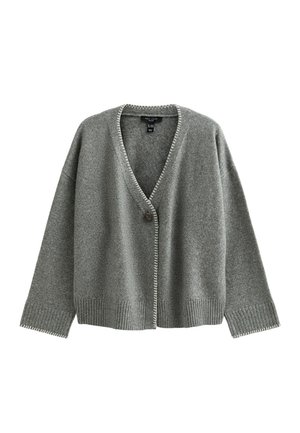 Cardigan grigio lavorato a maglia con bordi bianchi cuciti, un bottone frontale singolo, maniche ampie e polsini e orlo a costine.