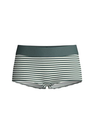 Gestreifte Badeshorts mit einem dunkelgrünen Bund, weißen und grünen horizontalen Streifen und einer sportlichen, engen Passform, die sich für Wasseraktivitäten eignet.