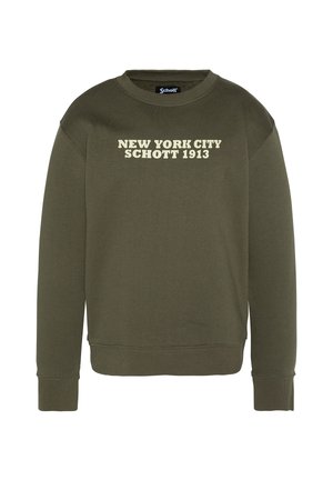 Olivengrøn sweatshirt med rund halsudskæring. Har teksten "NEW YORK CITY SCHOTT 1913" trykt i creme. Ribbet struktur ved ærmerne og bunden.