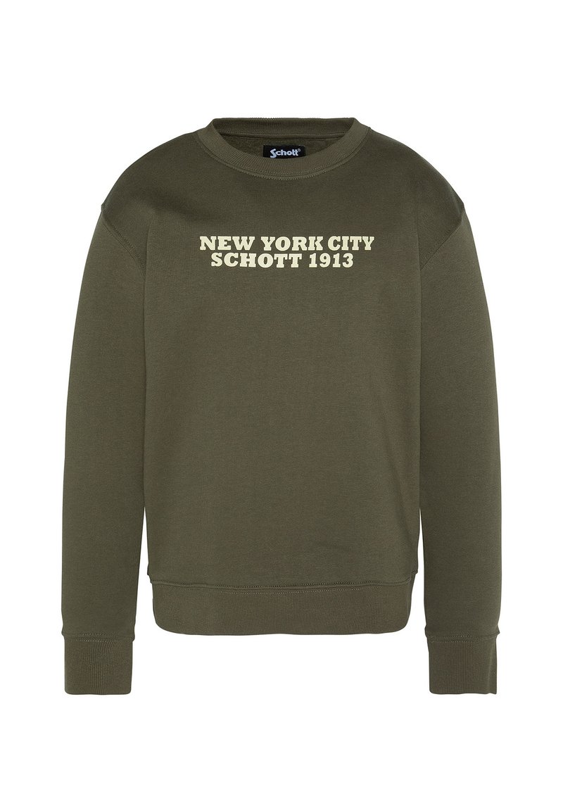 Felpa verde oliva con scollatura rotonda. Caratterizzata dalla stampa in crema "NEW YORK CITY SCHOTT 1913". Polsini e orlo a coste.