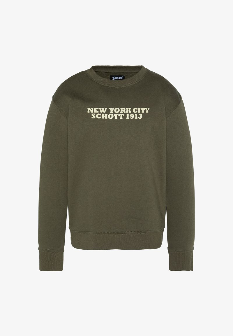 Felpa verde oliva con scollatura rotonda. Caratterizzata dalla stampa in crema "NEW YORK CITY SCHOTT 1913". Polsini e orlo a coste.