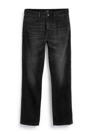 Zwarte denim jeans met een rechte pijp ontwerp, voorzien van zijzakken, een ritssluiting en een subtiele gewassen textuur.