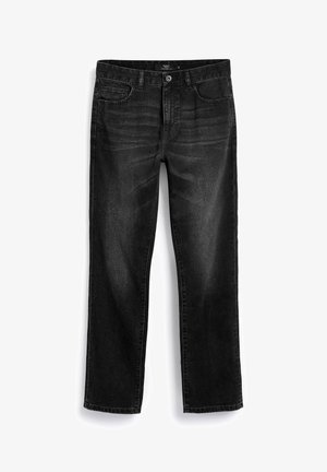 Schwarze Jeans aus Denim mit geradem Bein, ausgestattet mit Fronttaschen, einem Reißverschluss und einer dezenten gewaschenen Textur.