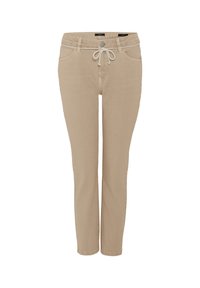 Pantalon beige en mélange de coton avec taille à cordon, conception à cinq poches, coupe droite, présentant une texture subtile et des détails de couture.