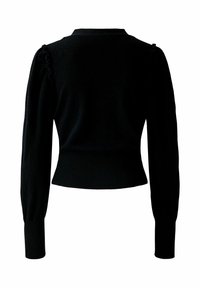 Schwarzer Strickpullover mit taillierter Silhouette, geripptem Ausschnitt und langen Ärmeln, die überraffte Details an den Schultern verfügen.